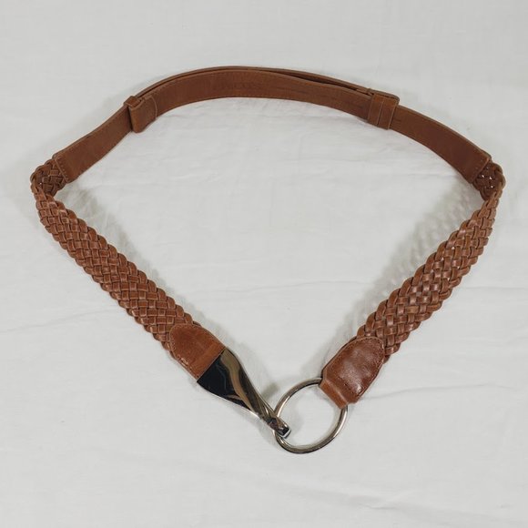 Chico's Brown Leather Braided Slide Belt Medium Large Waist Hips w Silver Buckle - Picture 1 of 4